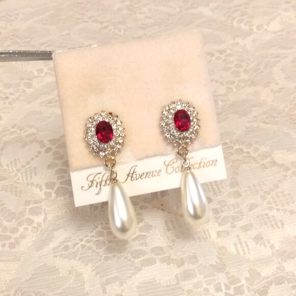 Vintage Red Garnet & Clear Crystal Pearl Gold Tone Dangle Drop Earrings - Picture 2 of 8